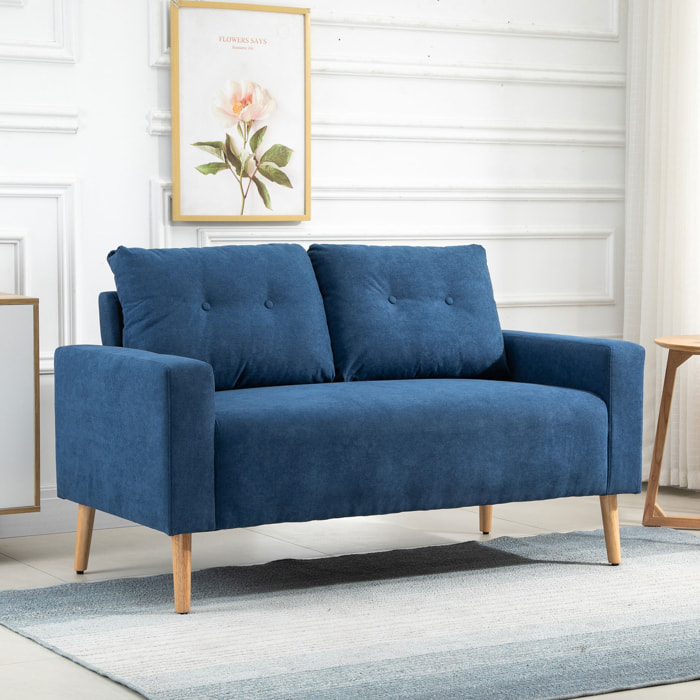 Sofá de 2 Plazas Sillón Moderno Tapizado en Poliéster con 2 Cojines Reposabrazos y Patas de Madera de Caucho para Dormitorio Oficina 145x76x88 cm Azul
