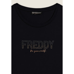 T-shirt donna con mini spacchi laterali e logo in strass