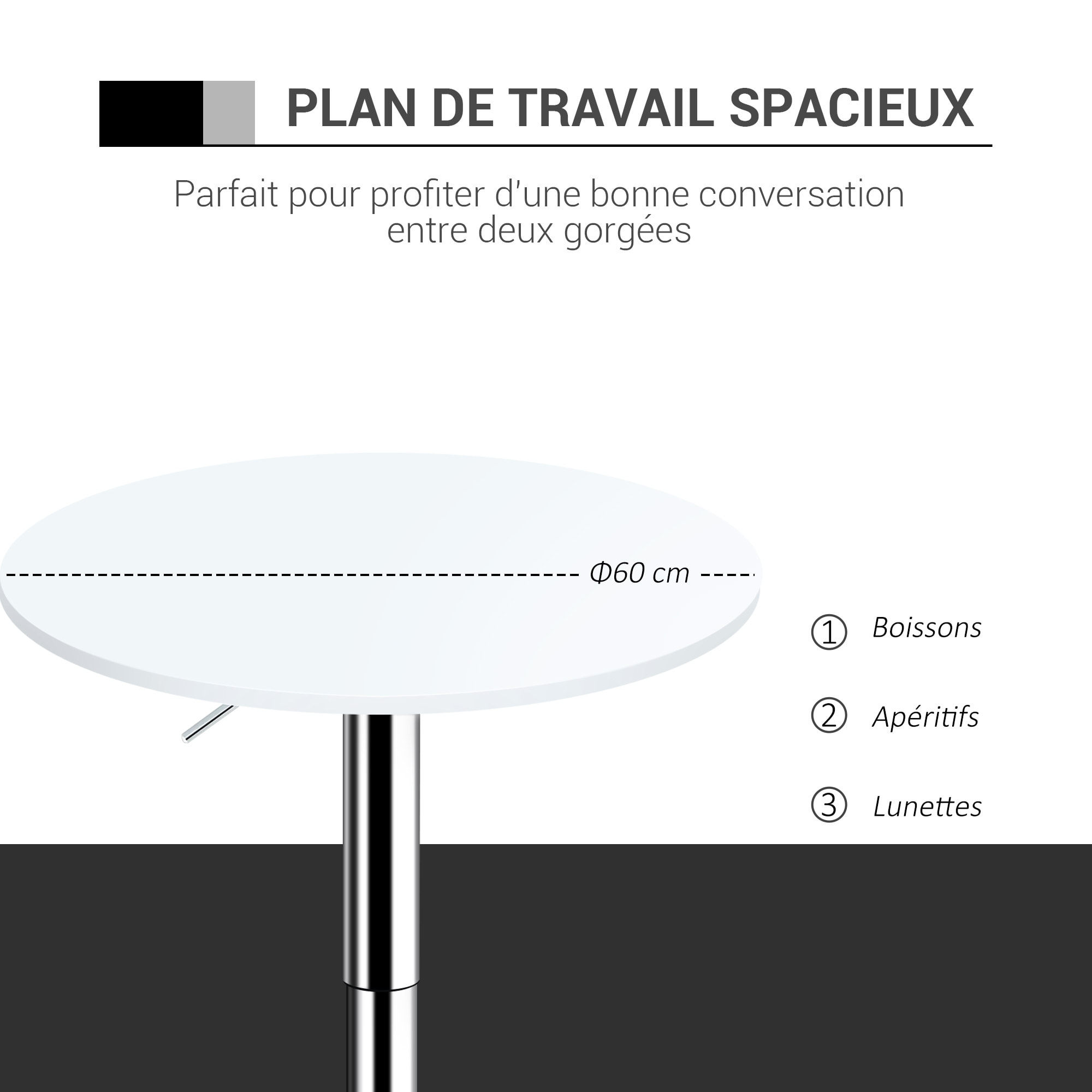 Table de bar ronde mange-debout - hauteur réglable - plateau pivotant - métal chromé MDF blanc