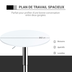 Table de bar ronde mange-debout - hauteur réglable - plateau pivotant - métal chromé MDF blanc