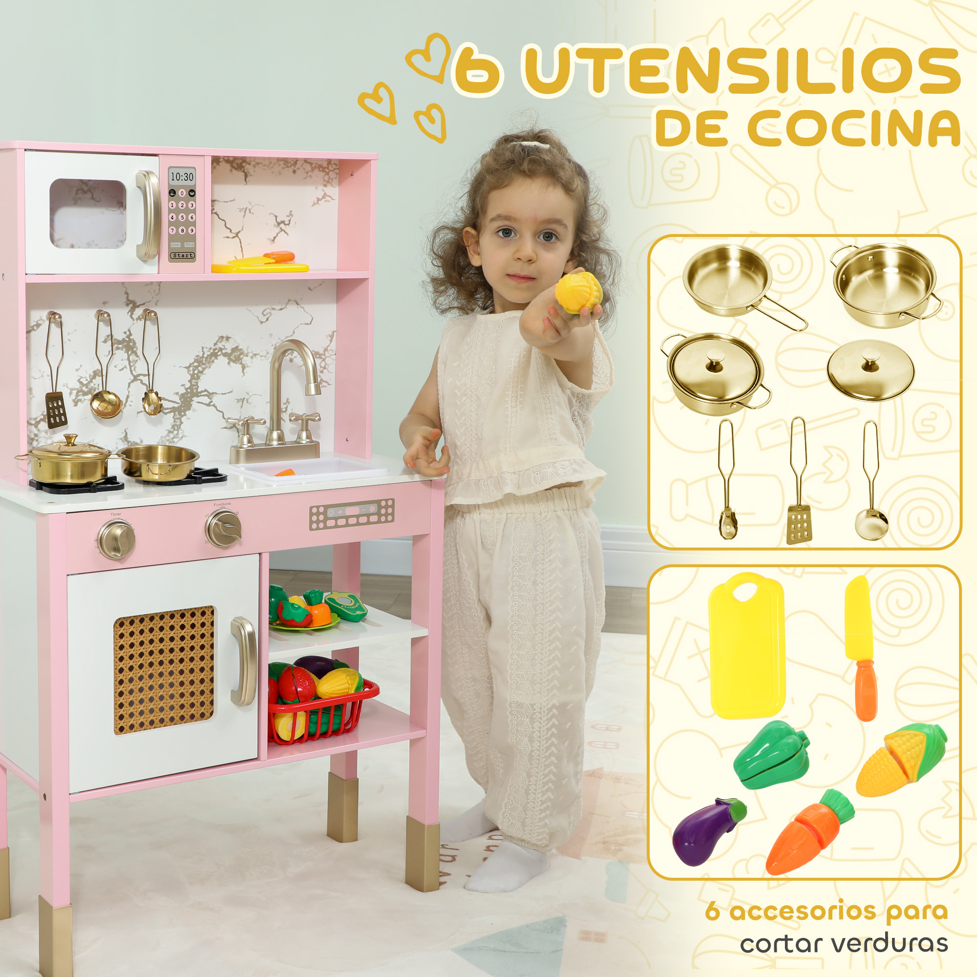 Cocina de Juguete de Madera con Sonido, Cocinita Infantil con Accesorios de Acero Inoxidable, Microondas, Horno, Fregadero, Verduras para Cortar, para Niños a Partir de 3 Años, Rosa