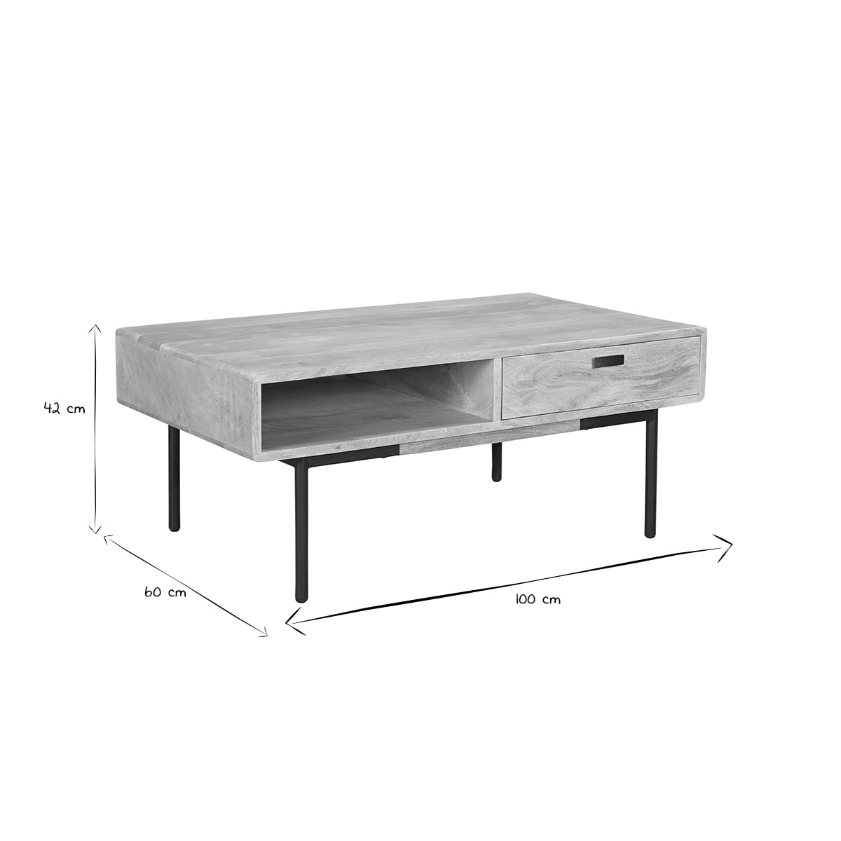 Table basse rectangulaire avec rangements 2 tiroirs en bois manguier massif et métal noir L100 cm JUDE