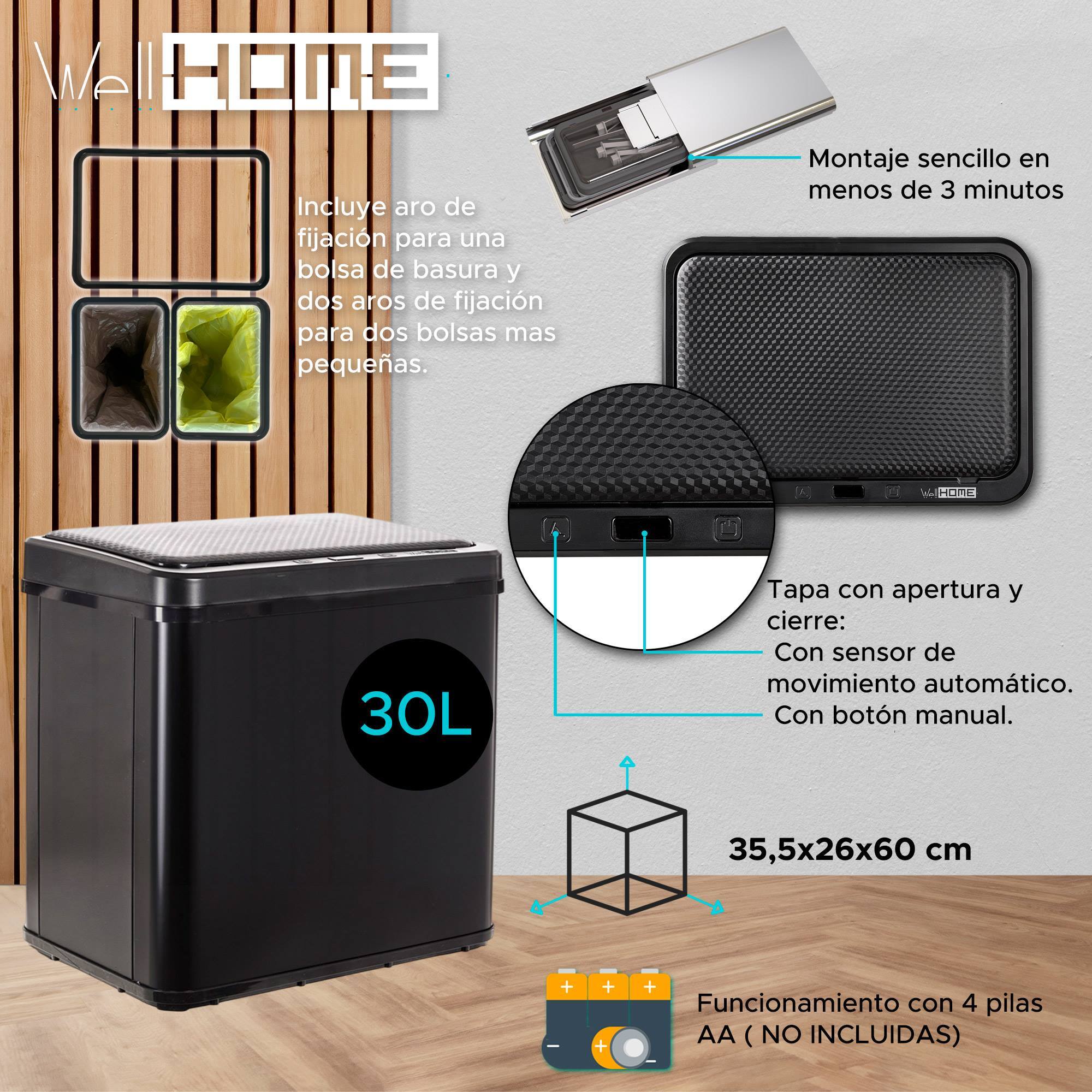 Well home - cubo de basura inteligente sin patas para reciclaje con apertura automática y contacto manual 15l+15l 35,5x26x60cm color negro
