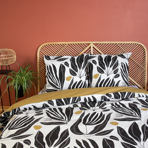 Parure de lit. 100% coton motif feuillage - blanc et jaune moutarde