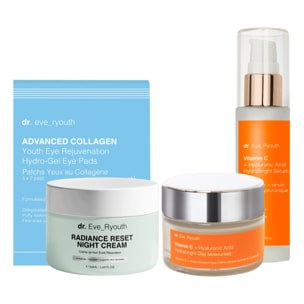 Crema de noche Radiance Reset + Parches de hidrogel para ojos + Hidratante de día Hydrabright + Sérum