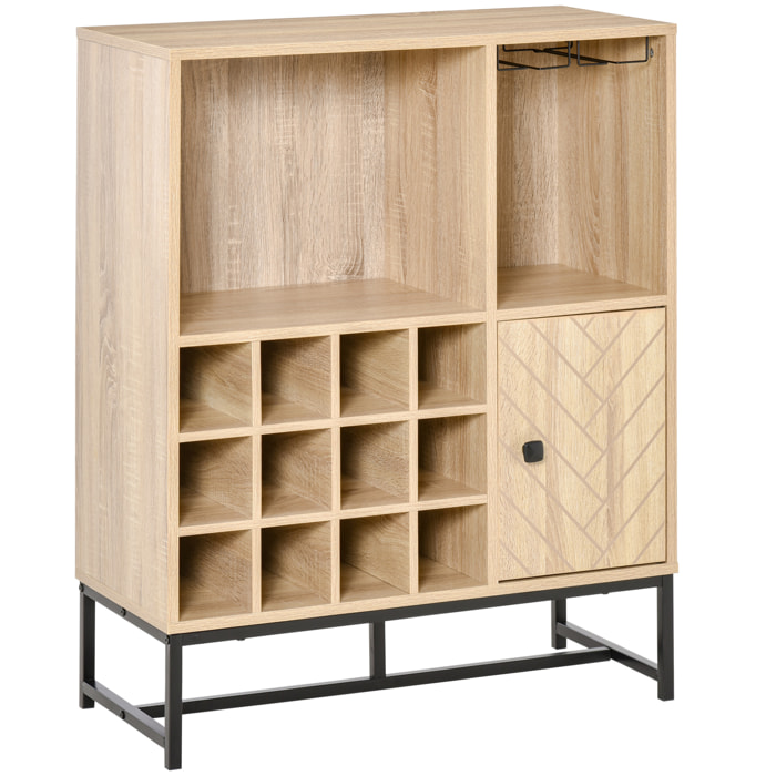 HOMCOM Aparador de Cocina Armario con 1 Puerta 2 Estantes Abiertos Botellero para 12 Botellas y Soporte de 6 Copas de Vino Comedor Bar Restaurante 76x35x97 cm Madera Natural