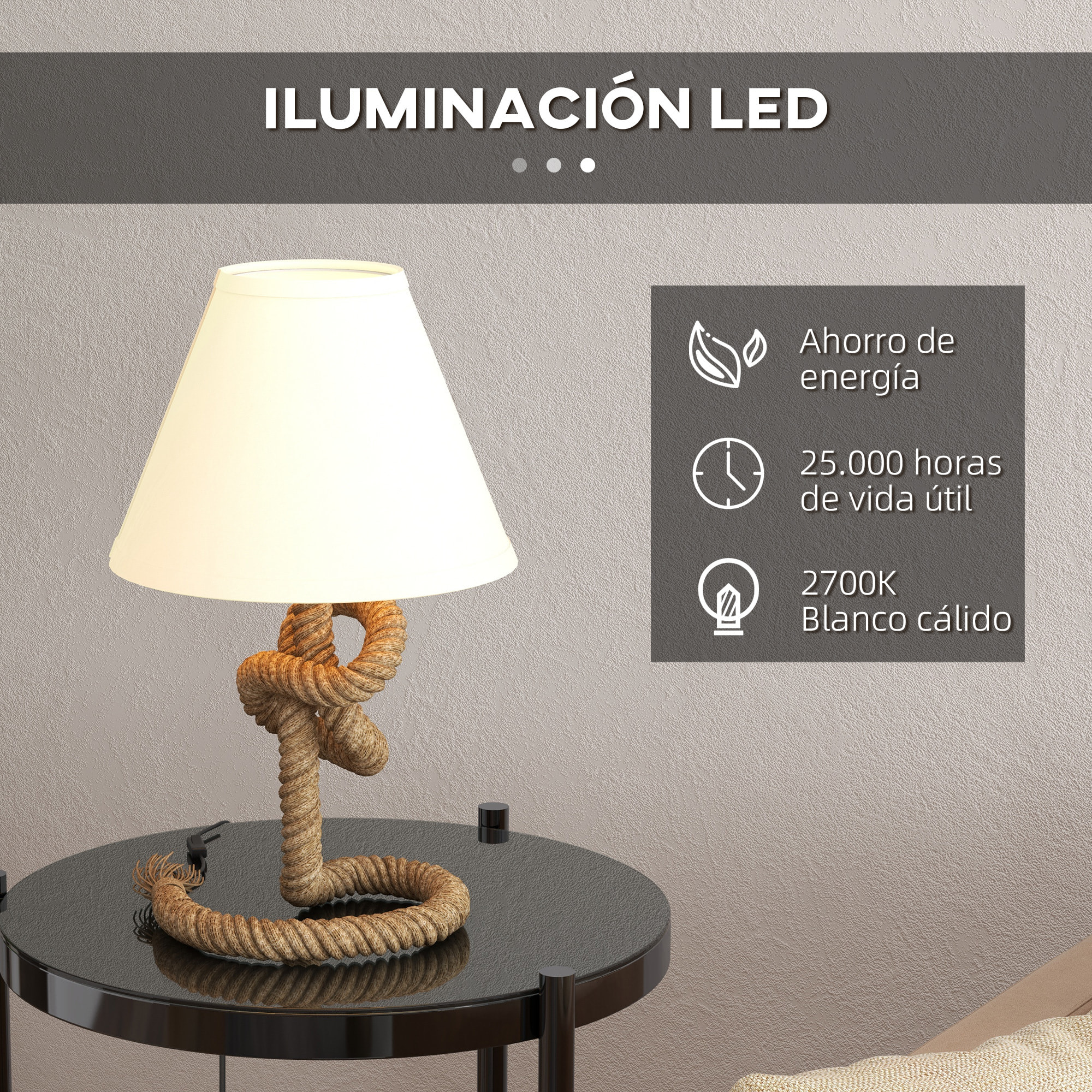 Lámpara de Mesa LED Lámpara de Mesita de Noche con Base de Metal Cuerda de Lino y Pantalla de Tela Bombilla E27 de Max.40W Luces de Blanco Cálido para Dormitorio Ø28x45,5cm Marrón y Beige