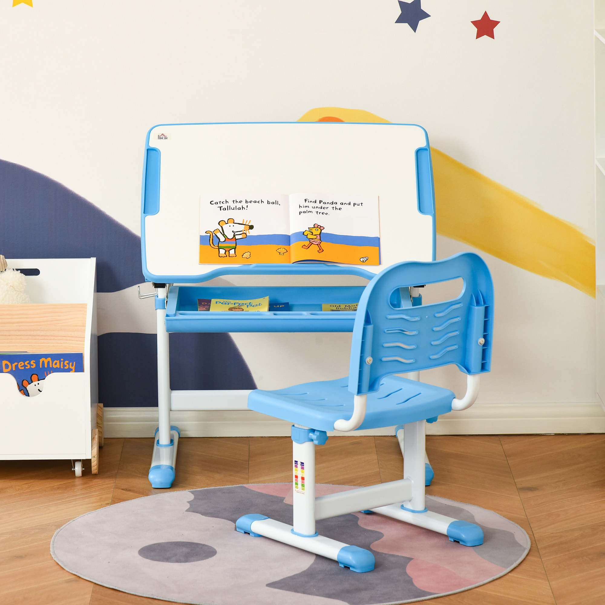 Pupitre Infantil 2 en 1 Juego de Escritorio y Silla para Niños de +6 Años con Altura Ajustable Mesa Regulable en ángulo y Bandeja Deslizante 66x47x77 cm Azul