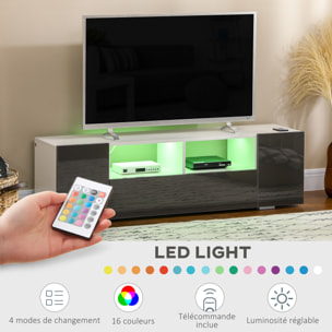 Meuble TV banc TV LED 2 étagères placards blanc gris laqué