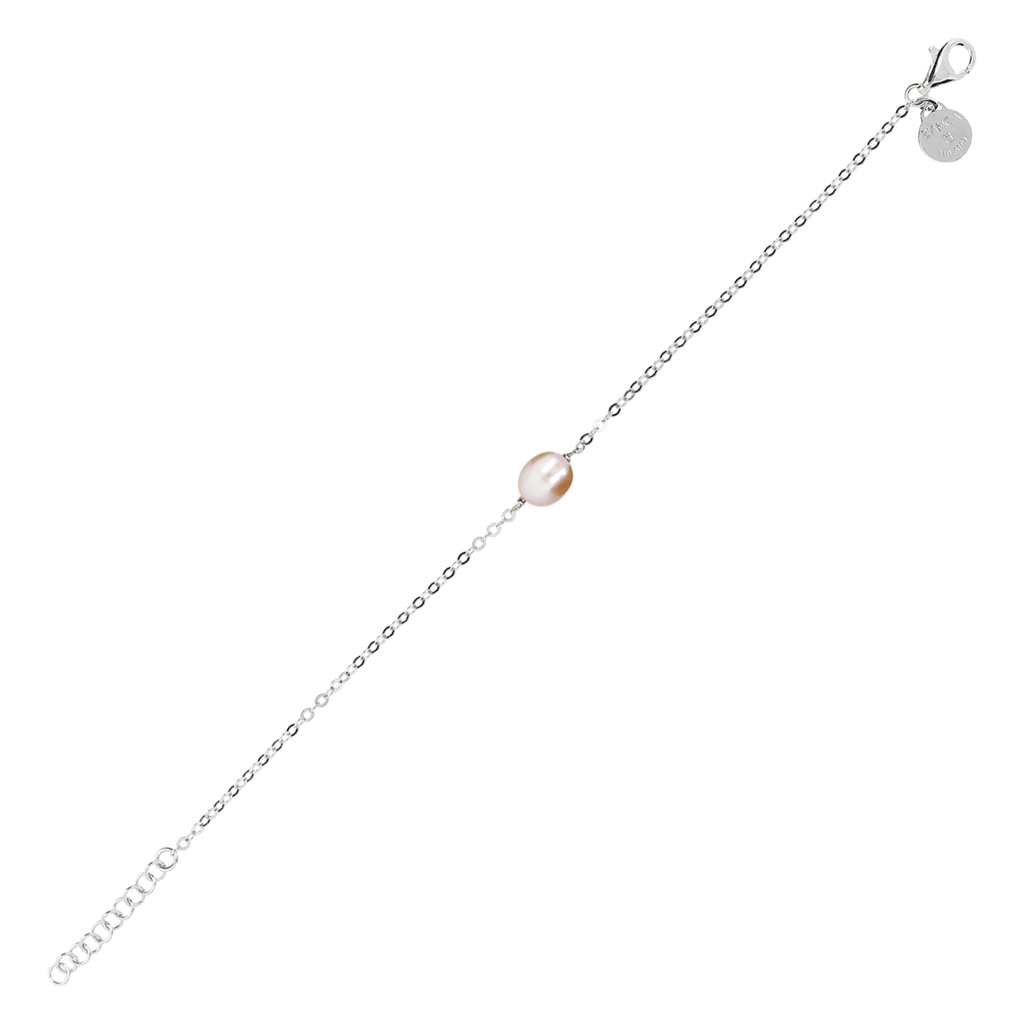 PERLAVIVA - Bracciale Catena Rolo in Argento 925 placcato Platino e Perla d'Acqua Dolce Rosa Ø 7/8 mm