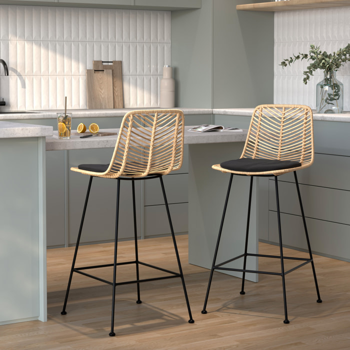 Lot de 2 chaises pour îlot central 66 cm en rotin naturel et noir - Tamara