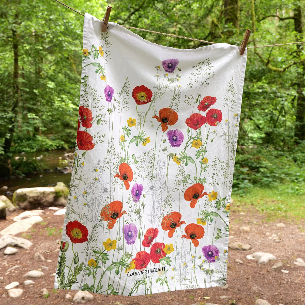 Torchon lin & coton lavé 190 g/m² imprimé rouge violet Les coquelicots violet
