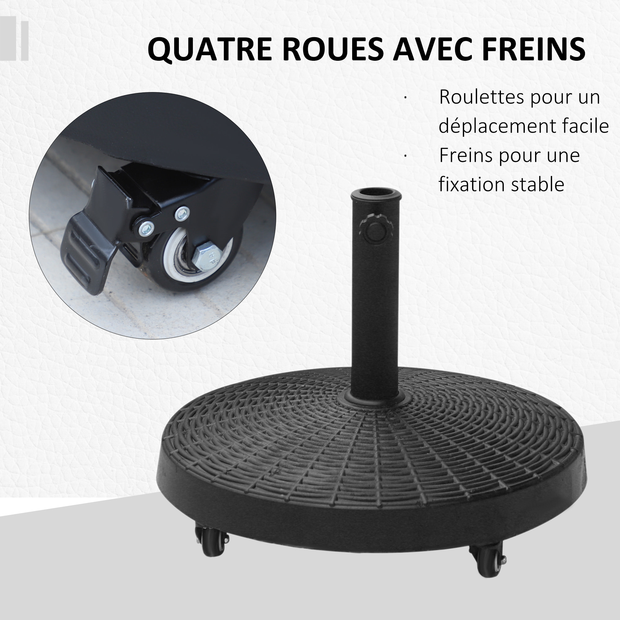 Pied de parasol base de lestage rond poids net 22,7kg en résine avec 4 roulettes - dim. Ø 52 x 41H cm - noir