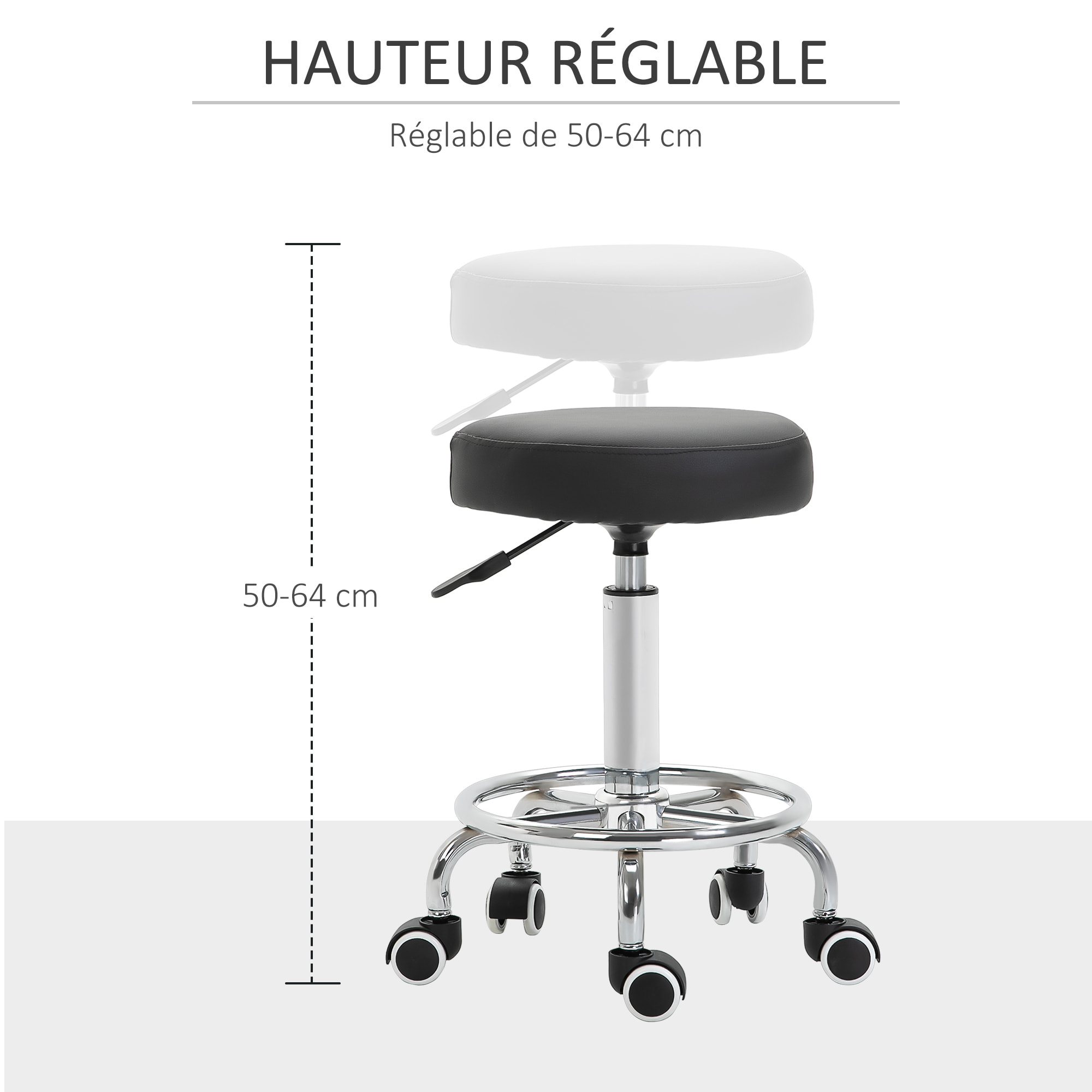 Vinsetto Tabouret à roulettes, tabouret de massage avec hauteur réglable 50-64 cm et assise rembourré, chaise de travail à roulettes pivotant 360°, pour salon de massage, tatouage, clinique, spa, noir