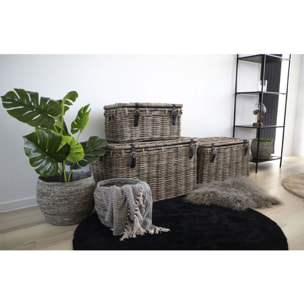 Set 3 bauli portaoggetti Depok in rattan kubu grigio con manici in pelle