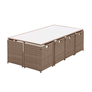 Table de jardin encastrable résine tressée + 12 assises beige. coussins beige. table encastrable + Housse de protection gris foncé polyester