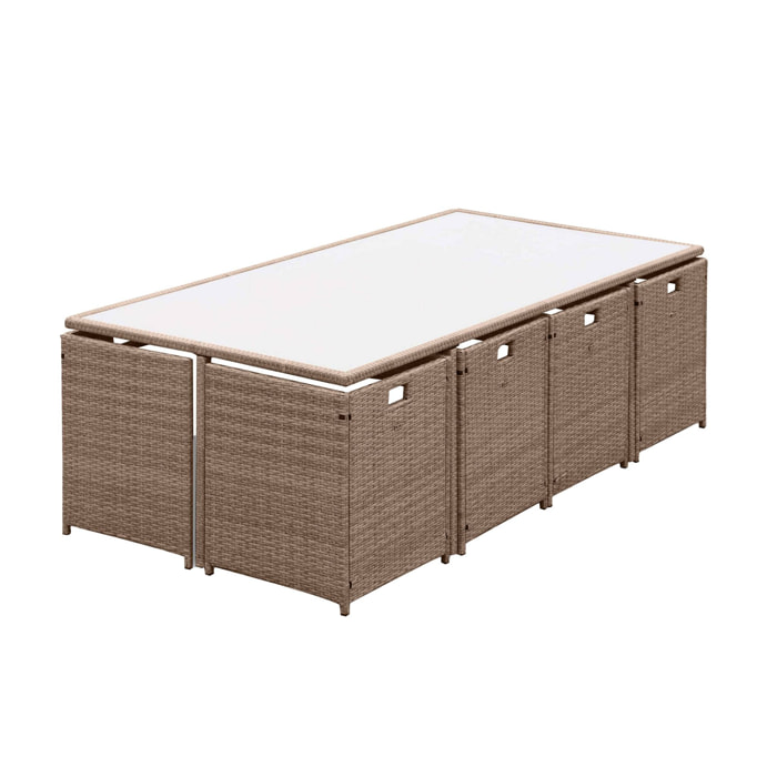 Table de jardin encastrable résine tressée + 12 assises beige. coussins beige. table encastrable + Housse de protection gris foncé polyester