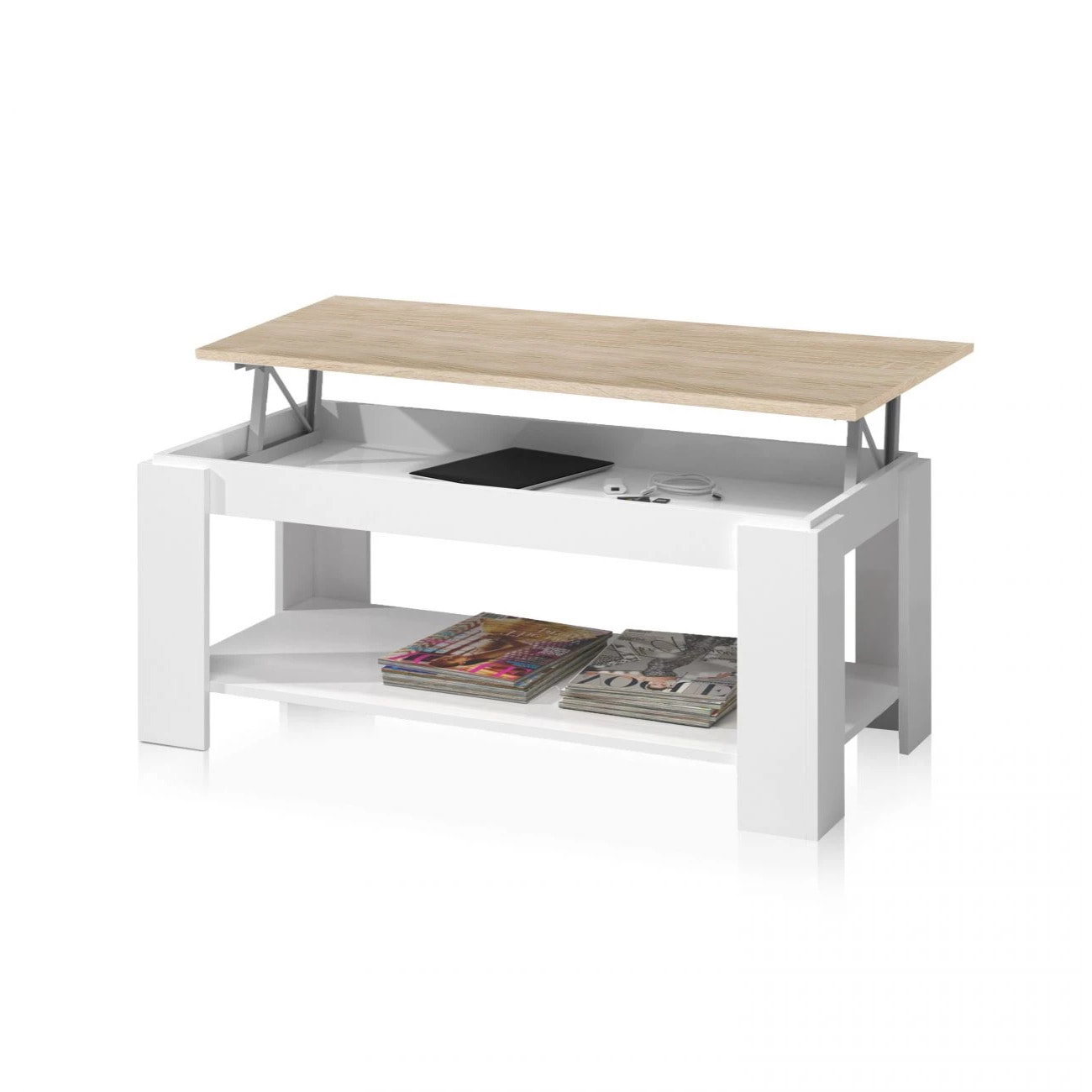 Mesa de centro elevable Ambit Blanco Artik (Blanco Mate) - Roble Canadian