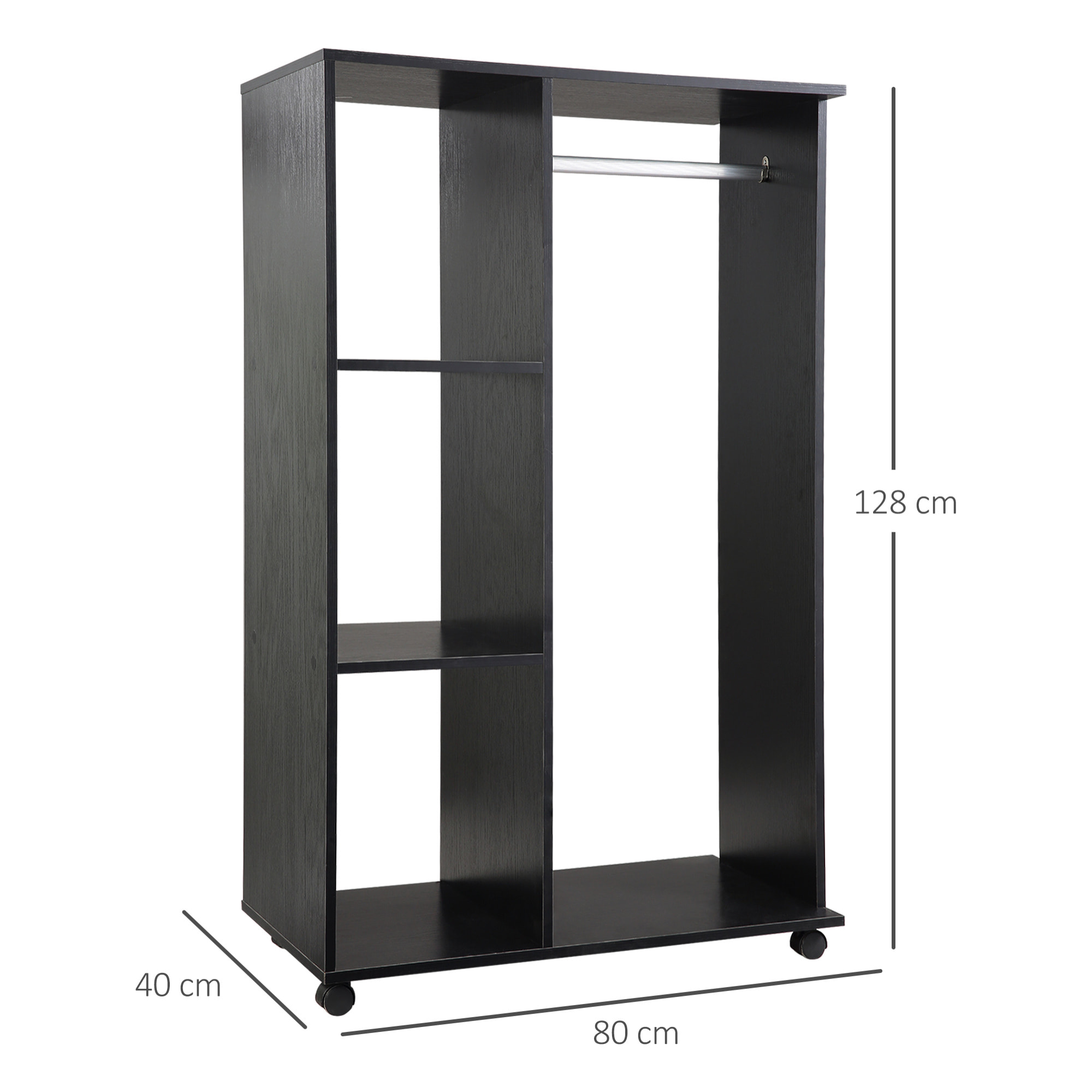 Armario Ropero con Ruedas Armario para Ropa con Barra Estantes Abiertos Organizador para Colgar Ropa de Dormitorio 80x40x128 cm Negro