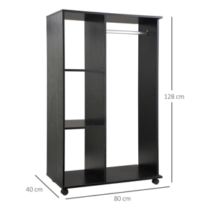 Armario Ropero con Ruedas Armario para Ropa con Barra Estantes Abiertos Organizador para Colgar Ropa de Dormitorio 80x40x128 cm Negro