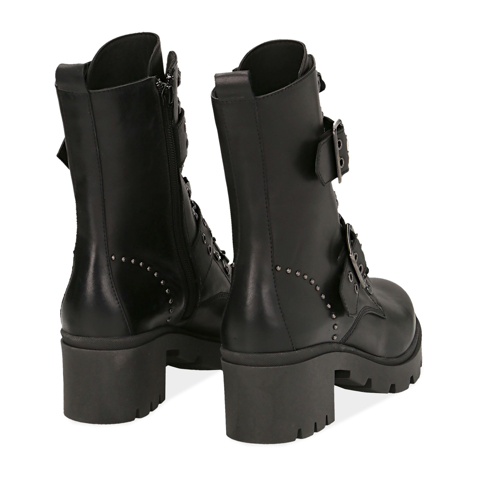 Botas de cuero negro con hebillas y tachuelas, tacón de 4,5 cm