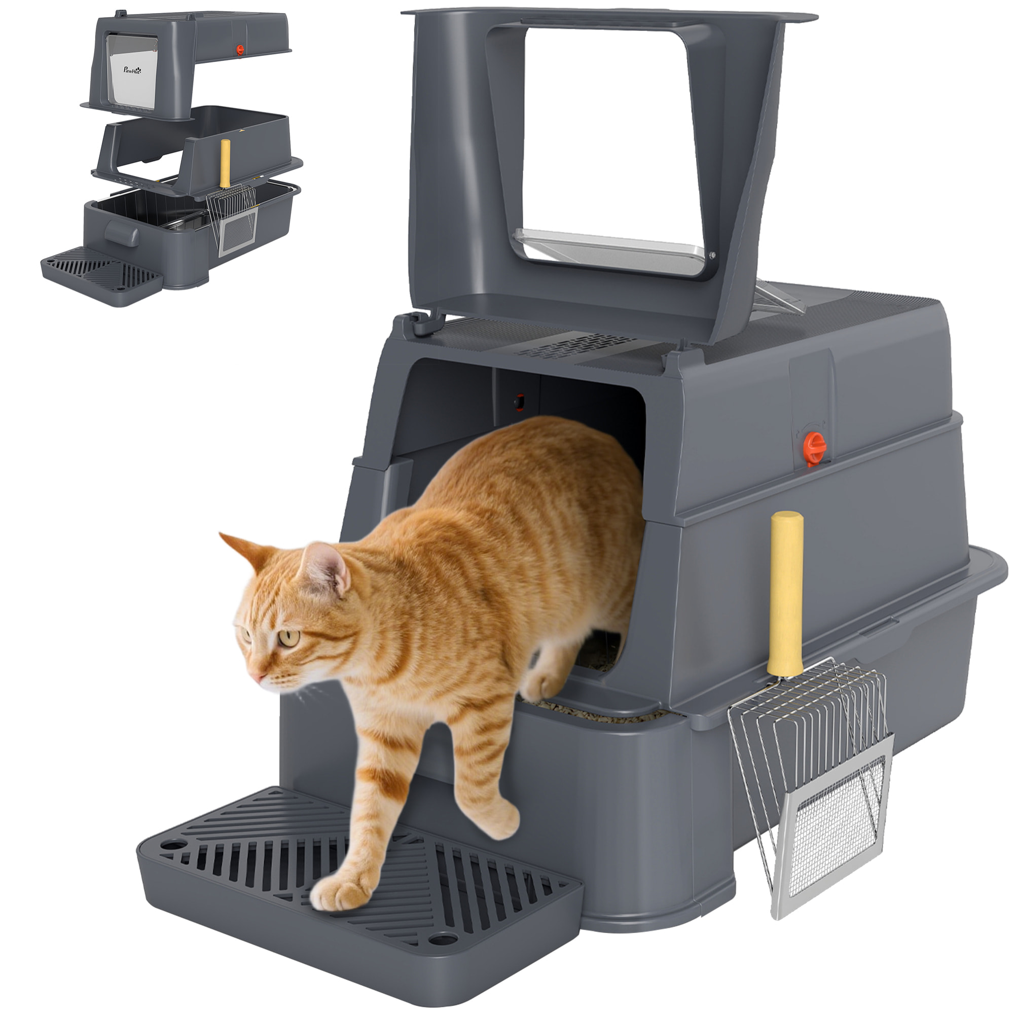Arenero para Gatos de Acero Inoxidable XL, Caja de Arena para Gatos, Arenero con Tapa Abatible 180°, Laterales Altos, Pedal, Pala, sin Olores, Fácil de Limpiar, Antifugas, Gris Oscuro