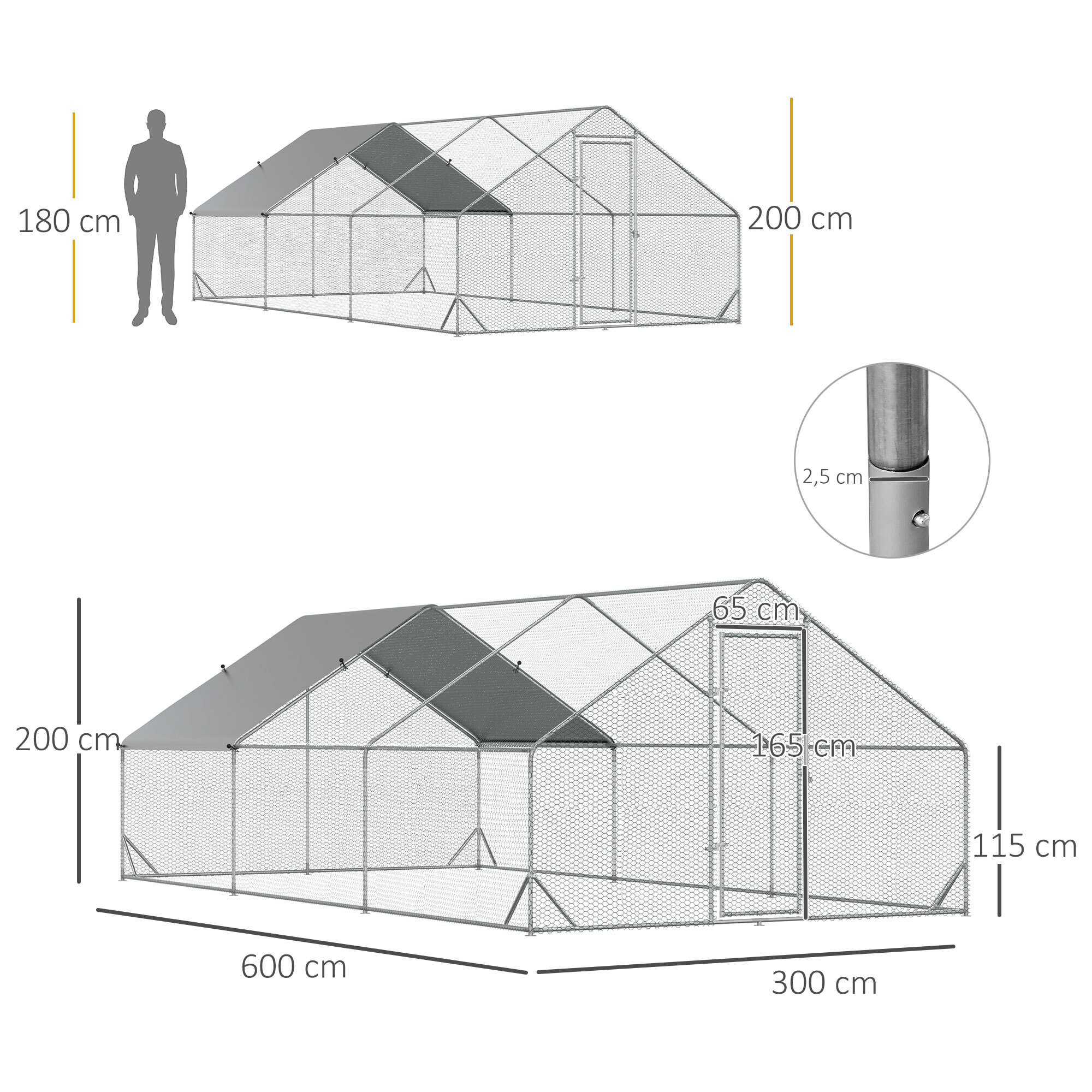 Gallinero de Exterior Grande 3x6x2 m Jaula para 12-18 Gallinas Cercado de Acero Galvanizado con Techo de PE y Cerradura para Conejos Aves de Corral Plata