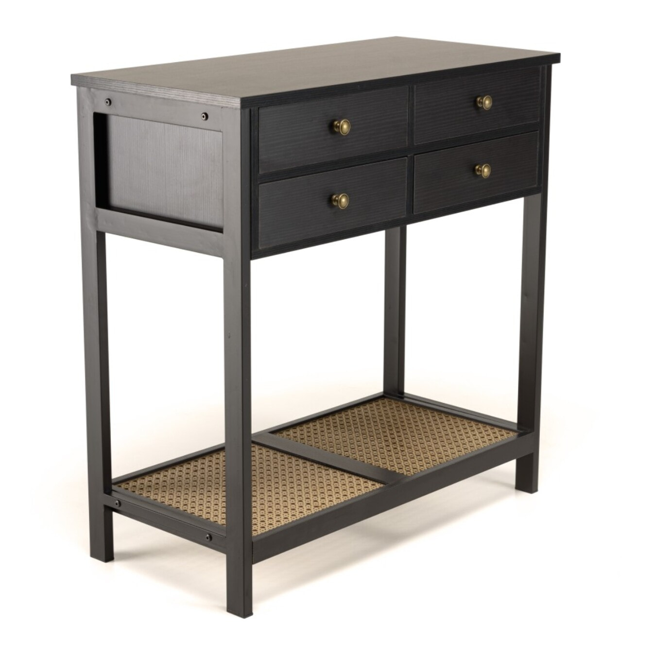 CHARLIE - Console noire 4 tiroirs 1 étagère effet cannage