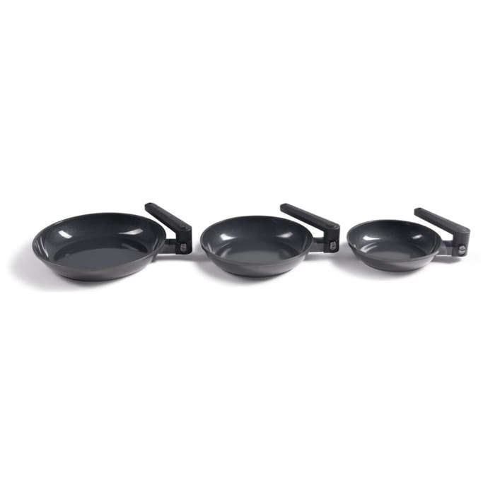 Set de 3 poêles 20 24 28 cm avec manches repliables - Transformer