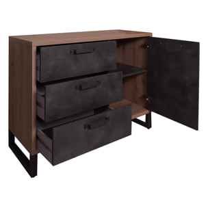 Credenza stile industrial a 1 anta e 3 cassetti, Buffet da cucina, Madia con scaffali e ripiani, Made in Italy, cm 122x45h88, colore Rovere e Antracite