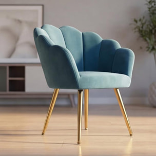 Poltrona in velluto design a conchiglia elegante e moderna, seduta imbottita confortevole con base in legno e gambe in metallo dorato, poltroncina versatile per soggiorno, camera o ufficio, stabile e resistente fino a 100 kg, stile raffinato e decorativo