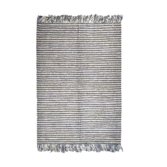 Tapis 140x200 cm en tissu texturé pompons avec franges bicolores - MARINE