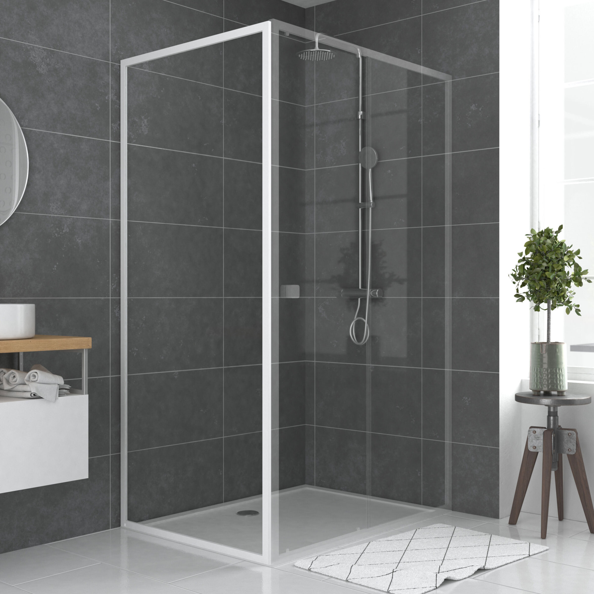 Paroi porte de douche blanc RETOUR 90x185cm pour porte - verre transparent 5mm - WHITY SIDE 90