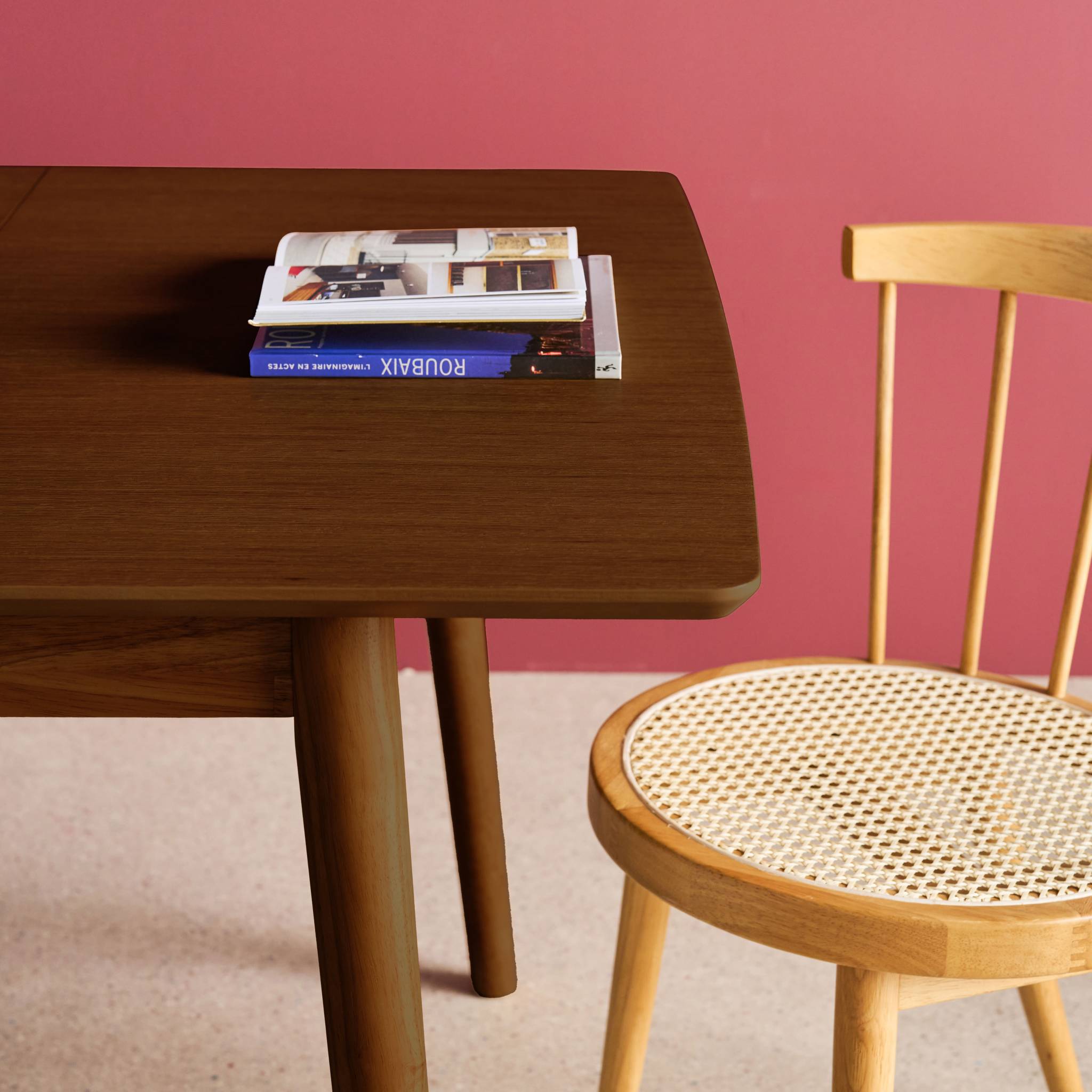 Table à manger rectangulaire extensible bois d'hévéa et placage chêne noyer 4-6 places - 110/140 x 100 x 75 cm - Lina