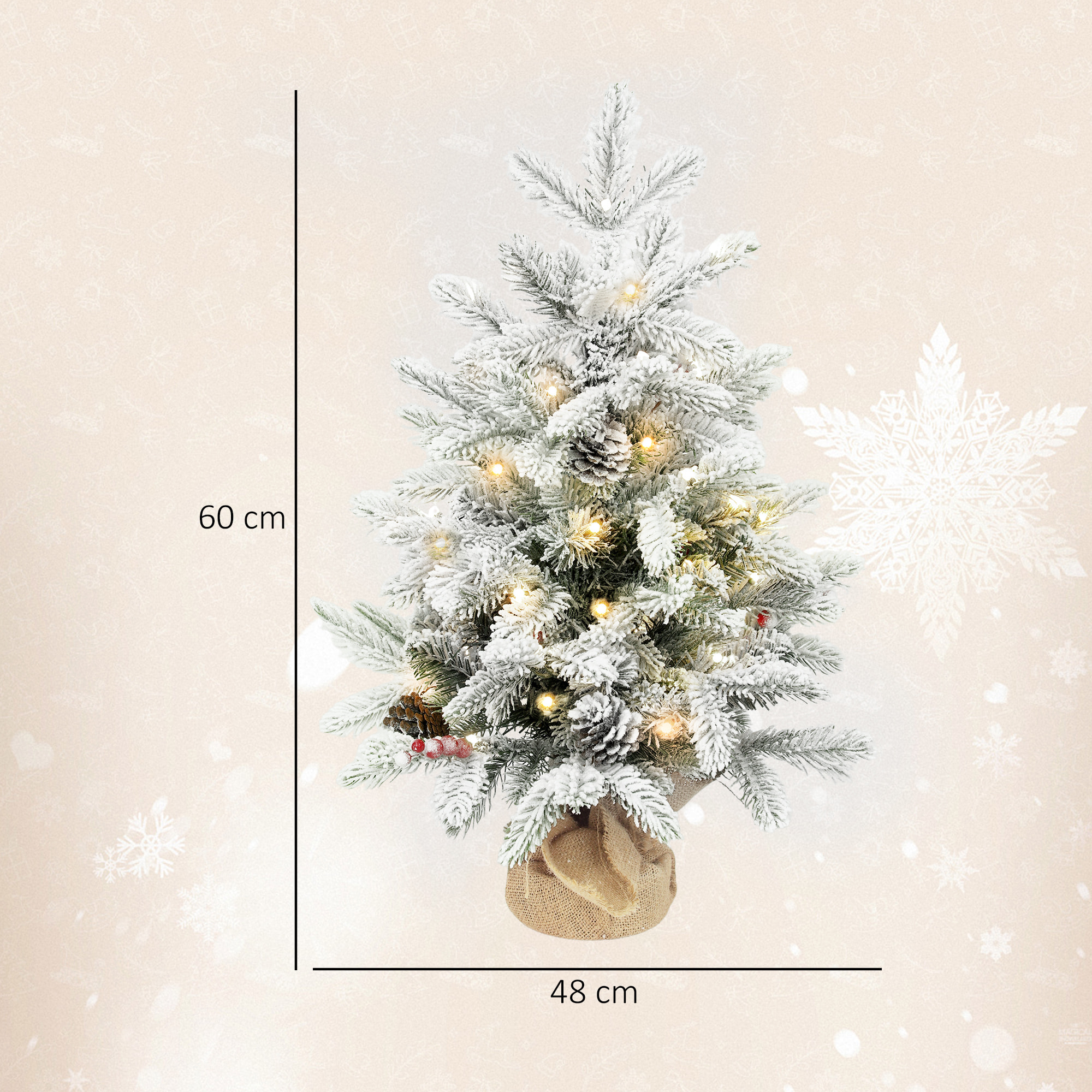 Árbol de Navidad con 35 Luces LED, 60 cm, Mini Árbol de Navidad Artificial con 182 Ramas Densas con Nieve, Piñas, Bayas y Base de Arpillera, Decoración Navideña de Mesa para Casa, Oficina Verde