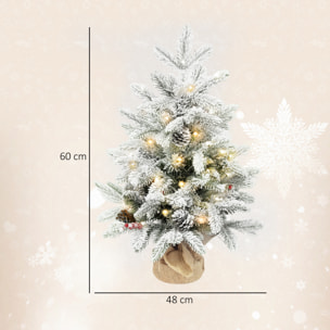 Árbol de Navidad con 35 Luces LED, 60 cm, Mini Árbol de Navidad Artificial con 182 Ramas Densas con Nieve, Piñas, Bayas y Base de Arpillera, Decoración Navideña de Mesa para Casa, Oficina Verde