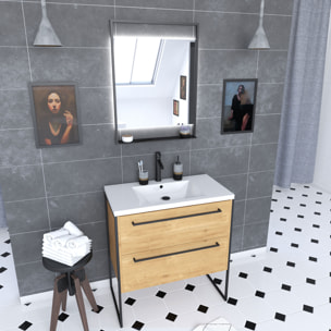 Pack Meuble SDB 80cm sur pieds 2 tiroirs Chene - Vasque resine blanche + Miroir Led