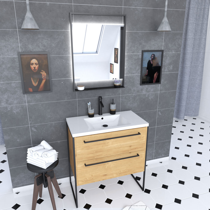 Pack Meuble SDB 80cm sur pieds 2 tiroirs Chene - Vasque resine blanche + Miroir Led