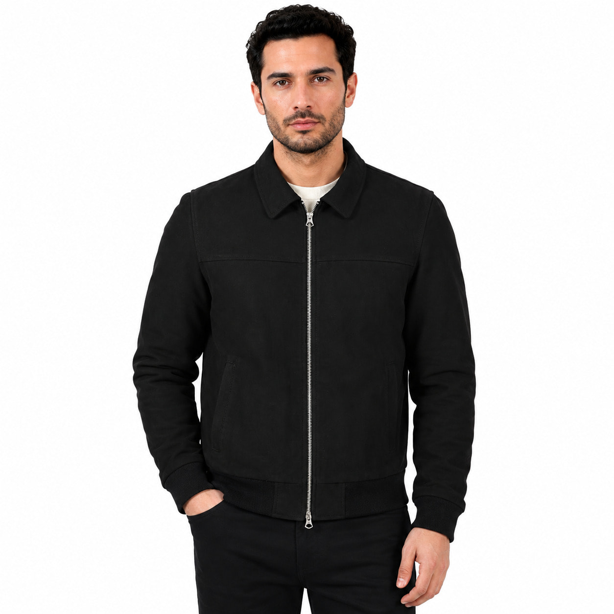 Giubbino in vera pelle di vitello scamosciata Nero-Slim Fit
