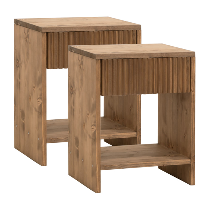 Pack de 2 tables de chevet en bois massif avec un tiroir ton chêne foncé en différentes tailles