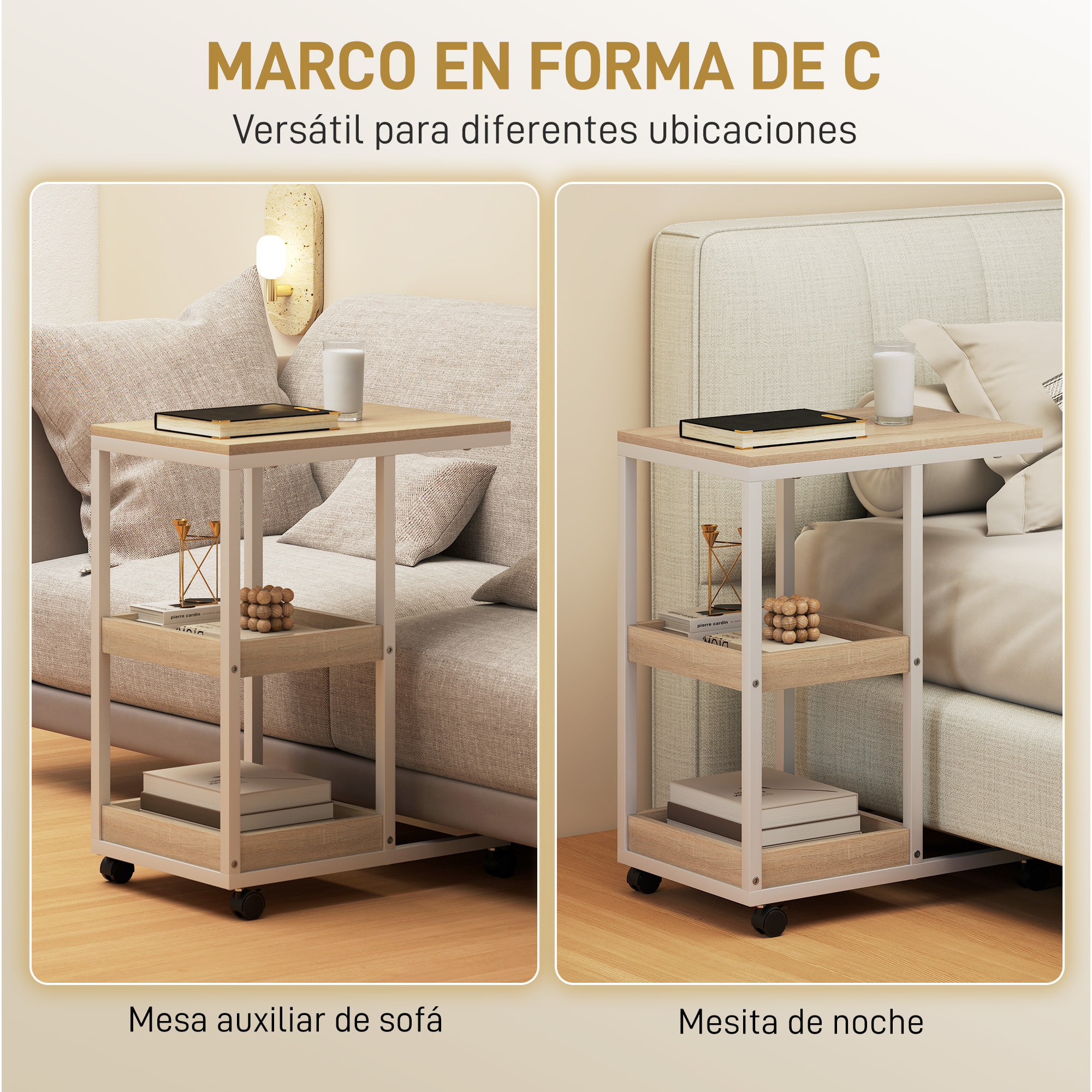 Mesa Auxiliar con Ruedas Mesa Auxiliar para Sofá en Forma de C con 2 Estantes Abiertos, Marco de Acero, para Salón, Dormitorio, 51x33x66 cm, Natural y Blanco