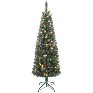 HOMCOM Albero di Natale Illuminato con 150 Luci LED, 30 Pigne e 30 Grappoli di Bacche, Ø60x150 cm, Verde e Argento