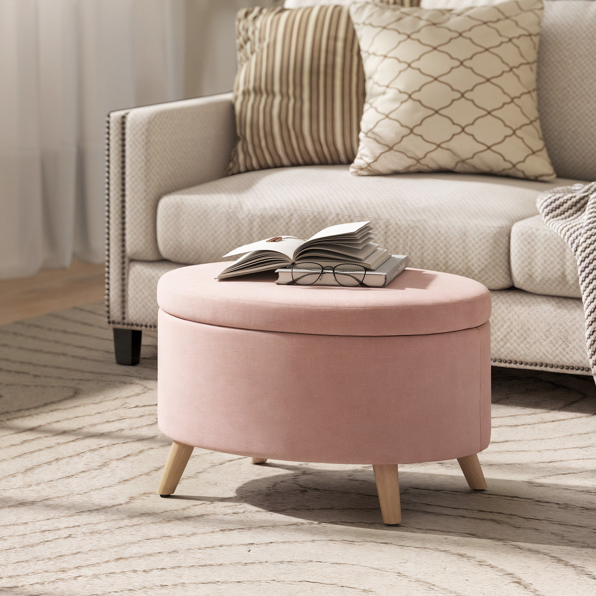 Puff Almacenaje Ovalado, Banco Almacenaje, 71x51,5x42 cm, Tapizado en Terciopelo, con Patas de Madera Maciza, Carga 120 kg, para Sala de Estar, Dormitorio, Entrada, Rosa Claro