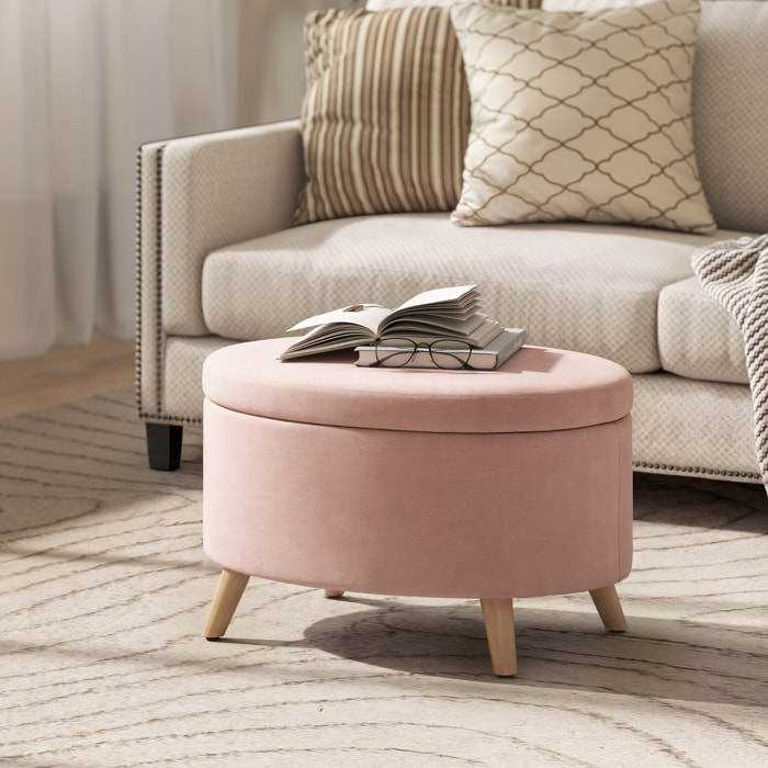 Puff Almacenaje Ovalado, Banco Almacenaje, 71x51,5x42 cm, Tapizado en Terciopelo, con Patas de Madera Maciza, Carga 120 kg, para Sala de Estar, Dormitorio, Entrada, Rosa Claro