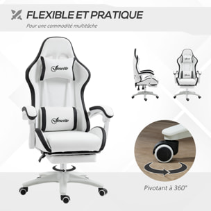 Chaise de bureau gaming - inclinable, pivotant, réglable - coussins lombaires têtière inclus - noir blanc