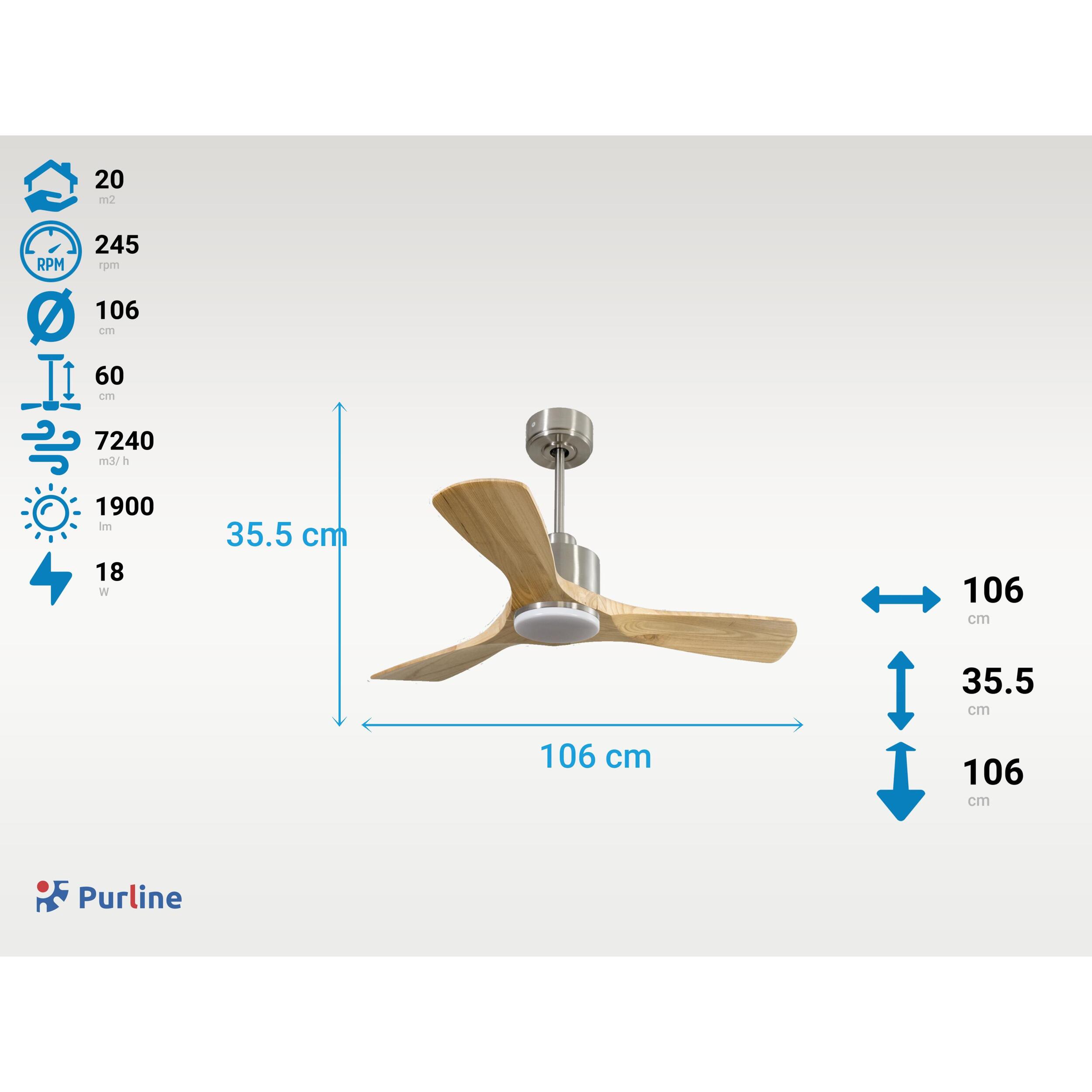 Ventilateur de plafond Réversible  Thermostat Dimmable Wifi Moteur à courant continu Toits en pente Télécommande Lumière à trois tons Hypersilence Mémoire
