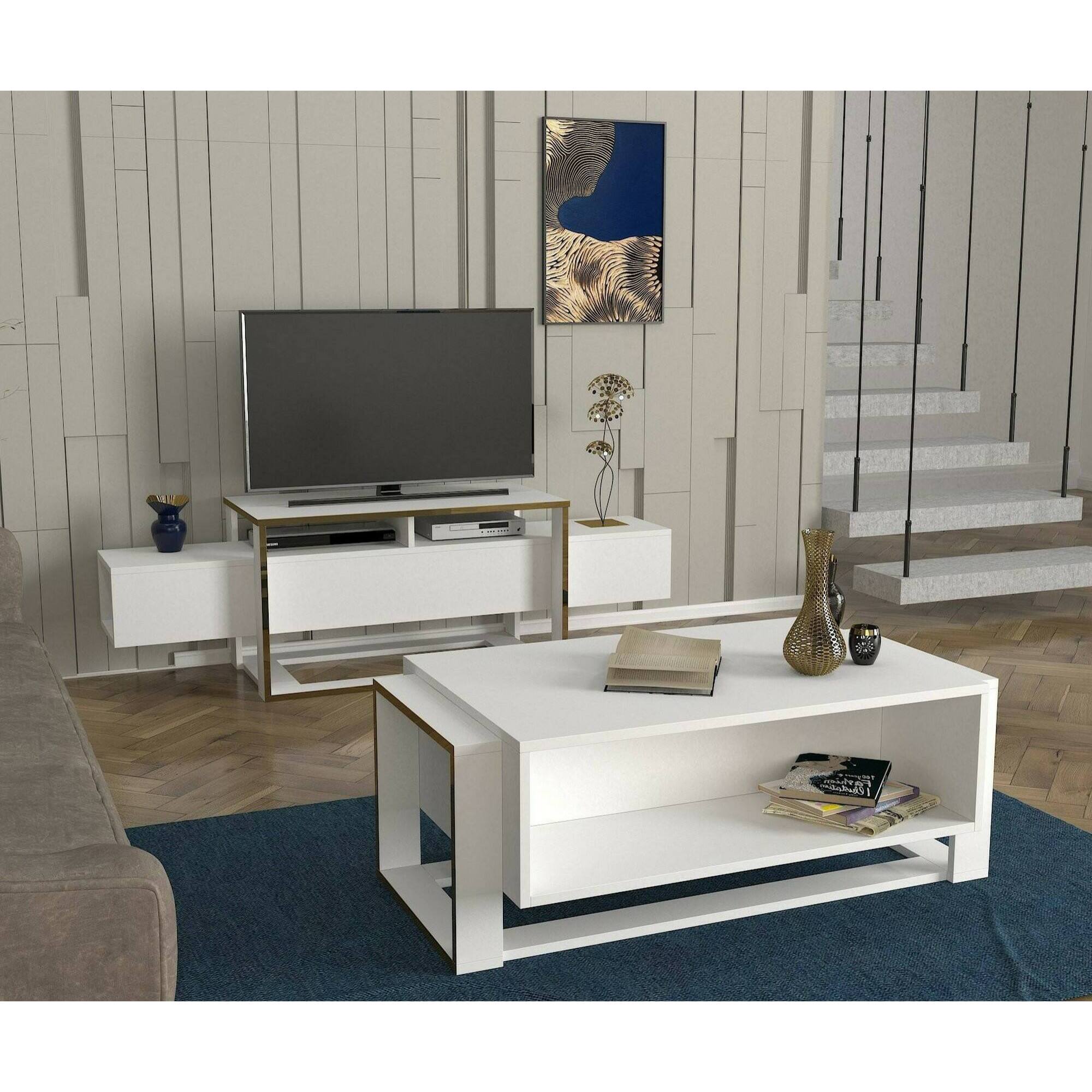 Mobile porta TV Dgiacint, Credenza da soggiorno, Armadio basso per TV, Base parete attrezzata, 160x46h50 cm, Bianco e Oro