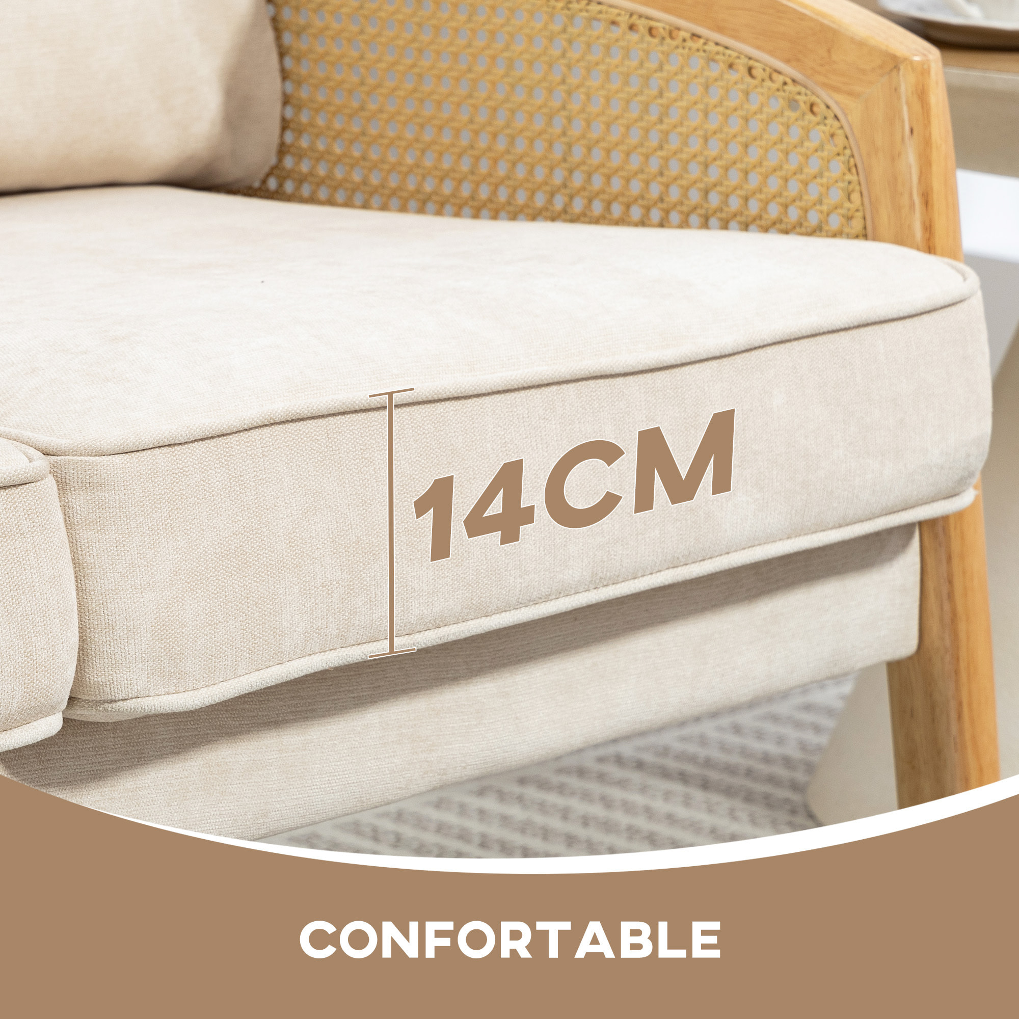 Sofá de 2 Plazas Tapizado en Chenilla Sofá de Salón con 2 Almohadas Lavables y Reposabrazos de Ratán Sintético Sofá Pequeño Carga 240 kg 123x75x88 cm Beige