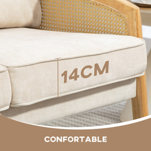 Sofá de 2 Plazas Tapizado en Chenilla Sofá de Salón con 2 Almohadas Lavables y Reposabrazos de Ratán Sintético Sofá Pequeño Carga 240 kg 123x75x88 cm Beige