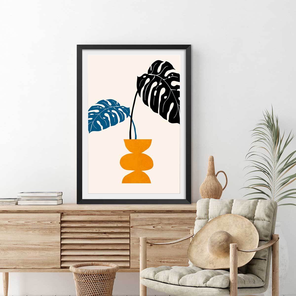 Affiche graphique ""plante en pot"" Affiche sous cadre noir